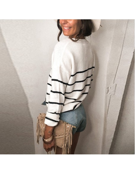 Fashion French Long Sleeve Striped Wool Cardigan